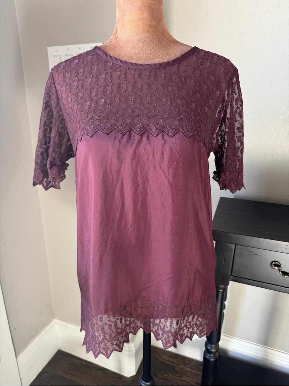 The Kooples 100% Silk Skull Lace Blouse Top S Burgundy Sheer Scalloped Hem